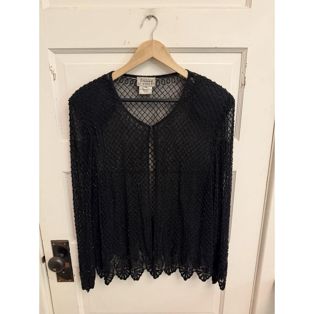 Stenay Vintage 80s Women's Silk Beaded Sheer Cardigan Formal Designer Size 14W